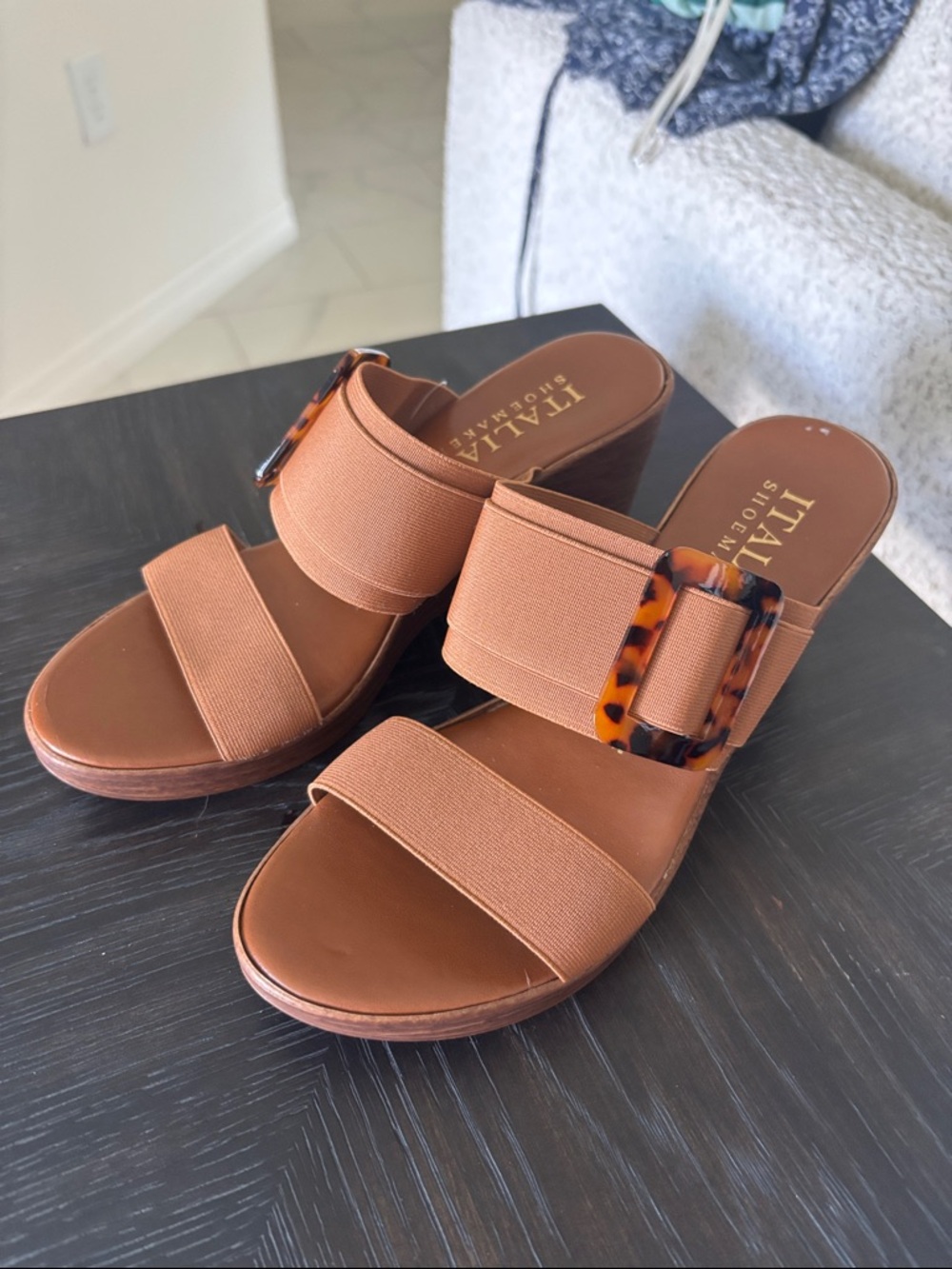 NWOT Camel  wedge Sandal with Tortoise buckle